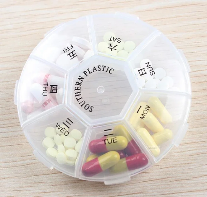 

1pc Portable Round Pill Box 7 Days Medicine Container light Drugs Capsules Case One Week Holder Storage Organizers