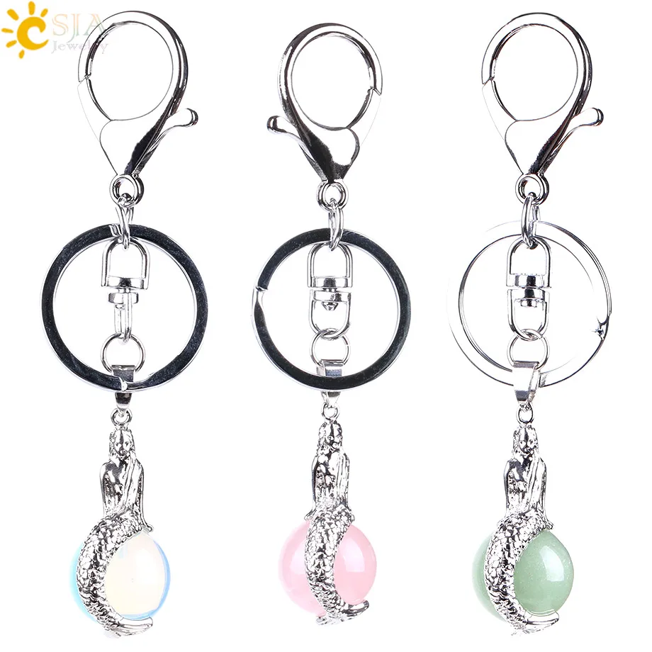 

CSJA Sexy Mermaid Keychains for Ladies Natural Gem Stone Pendant Opal Tiger Eye Pink Quartz Key Ring Buckle New Year's Gift E822
