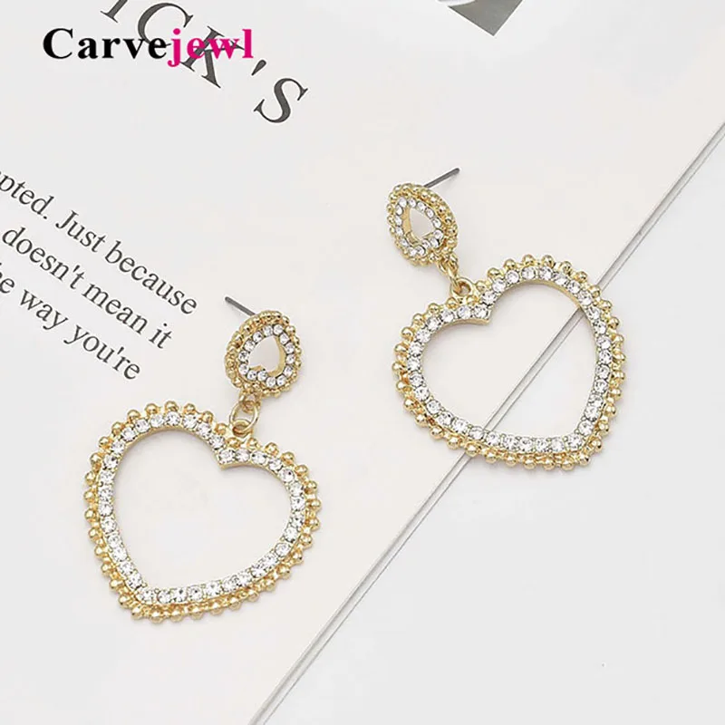 

Carvejewl double heart drop dangle earrings simulated pearl crystal rhinestone fashion Korean plastic post anti allergy earrings