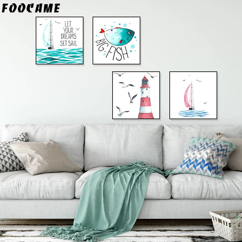 FOOCAME Sea Marine life Fish Sailboat lighthouse Canvas Painting Nordic Poster Wall Art Print Decoration Pictures Living Room | Дом и сад
