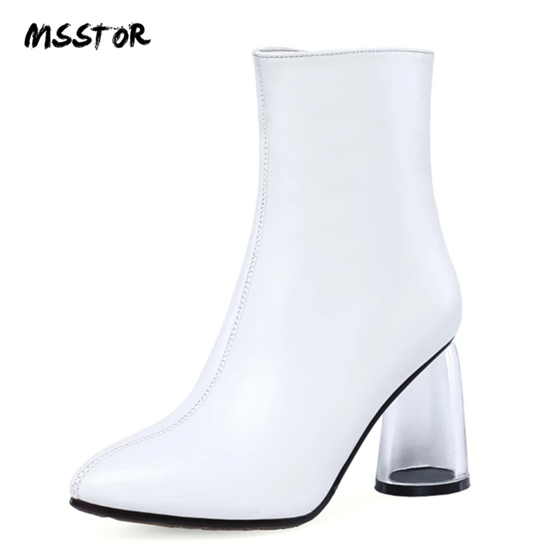 

MSSTOR 2018 New Sewing Transparent Boots Fashion Sexy Party Pointed Toe Winter Boots Women Strange Style Black Ankle Boots 8.5CM