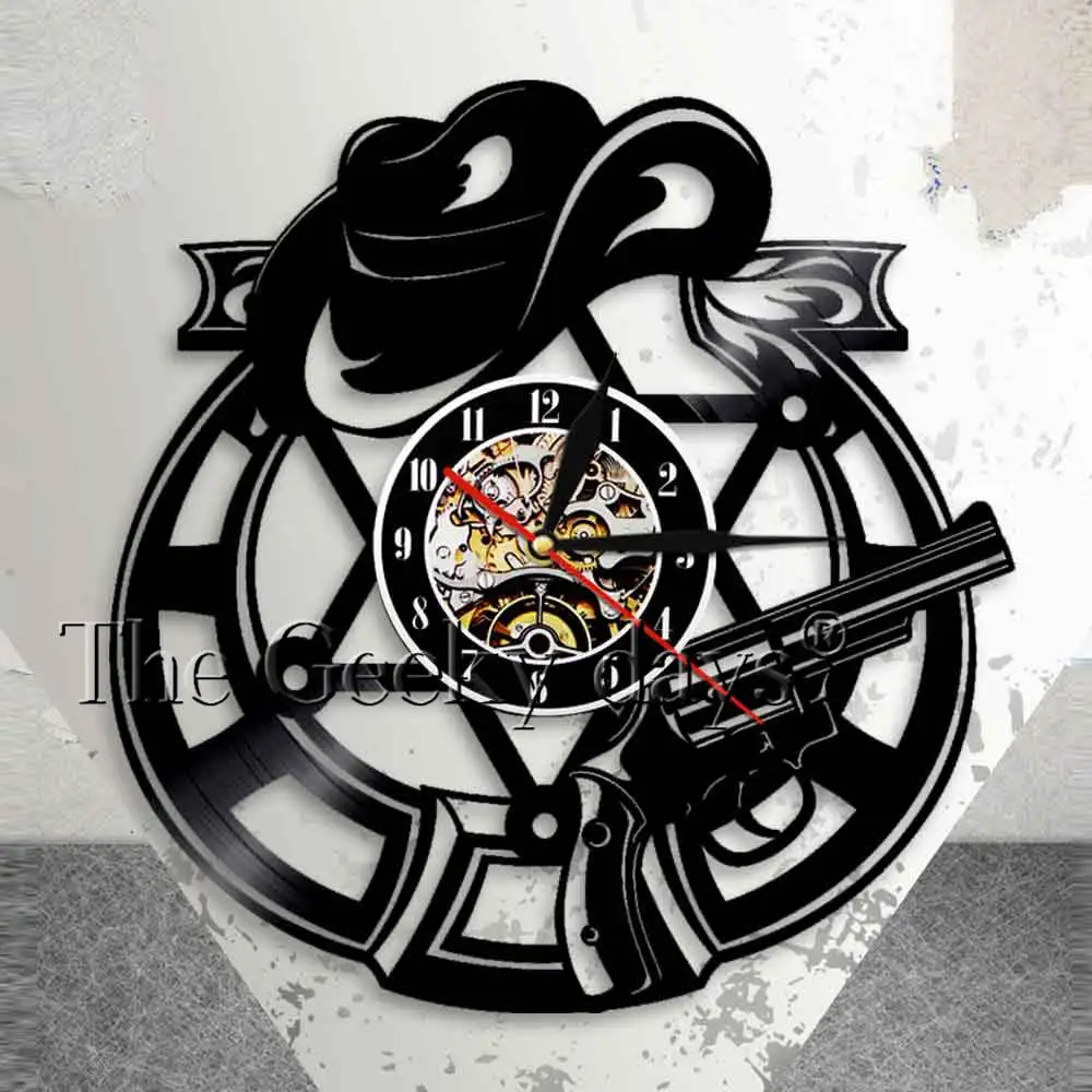 Cowboy Bandit Revolver Pistols Weapons Hat Western Home Decor Wall Clock Outlaw Cowboy Hat and Revolver Vinyl Record Wall Clock