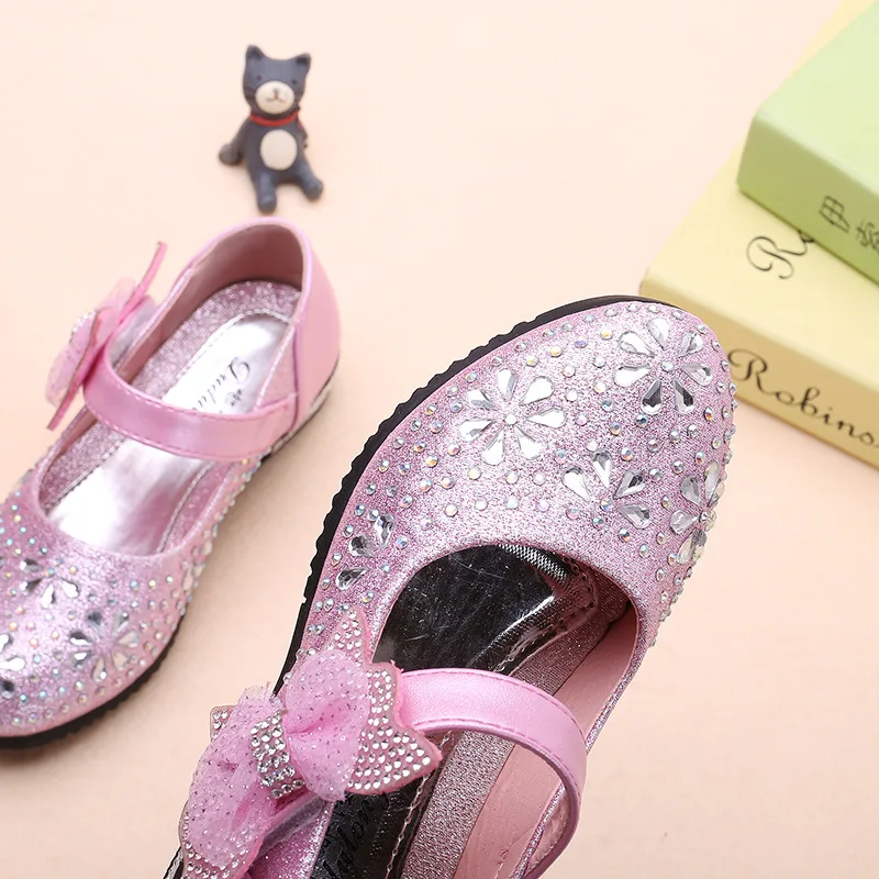 2020 Girl's Princess Shoes Bow Children's Leather Shoes Gold/Silver/Pink Hook&Loop Shoes for Kids Girls Rhinestone Party Shoes