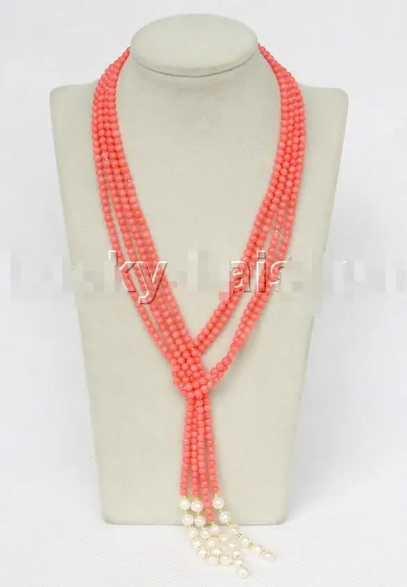 

Free Shipping >>>>>Genuine length 52" 2pcs 4mm round pink coral white pearls necklace j11694