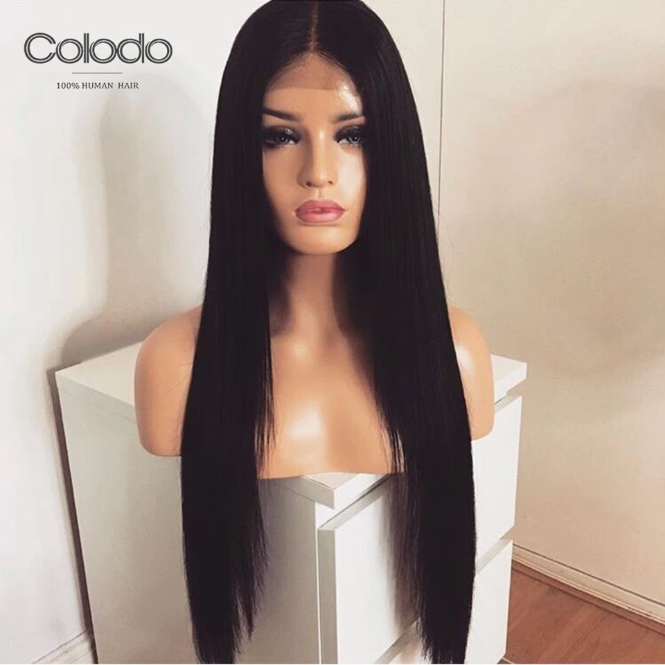 COLODO Straight Lace Front Wig With Baby Hair Blue Color Remy Brazilian Preplucked Full Lace Human Hair Wigs For Black Women