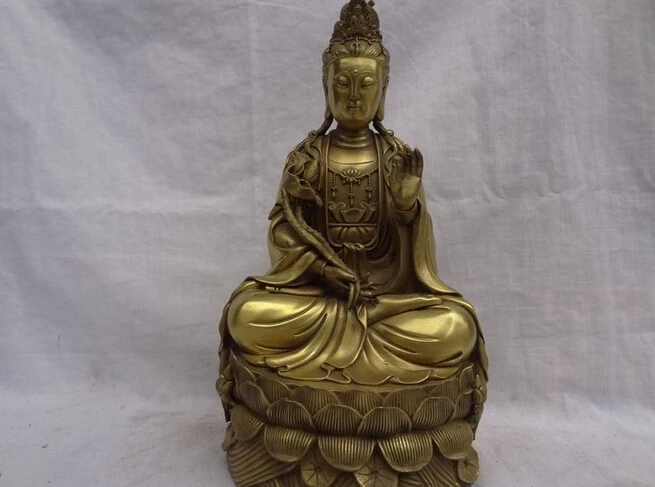 

fast shipping USPS to USA S1473 12" Chinese Brass Buddhist Temple Lotus Kwan-Yin GuanYin Buddha Goddess Statue