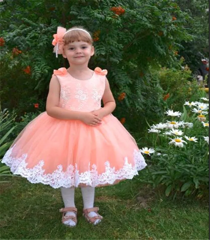 Красивое и Пышное Платье для маленькой принцессы, Персиковое платье с цветочным узором для девочек, с жемчугом и v-образным вырезом на