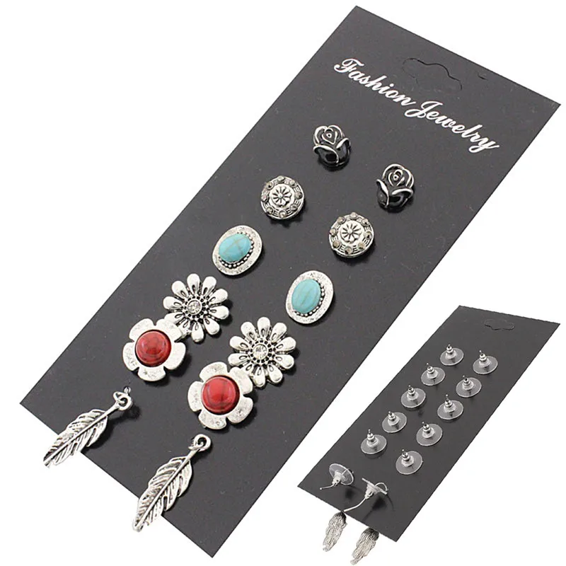 new 6 pairs sets Round Triangle Ball Heart Leaves Alloy Resin Crystal Stud Earrings For Women Hot-selling Cute Earring Sets