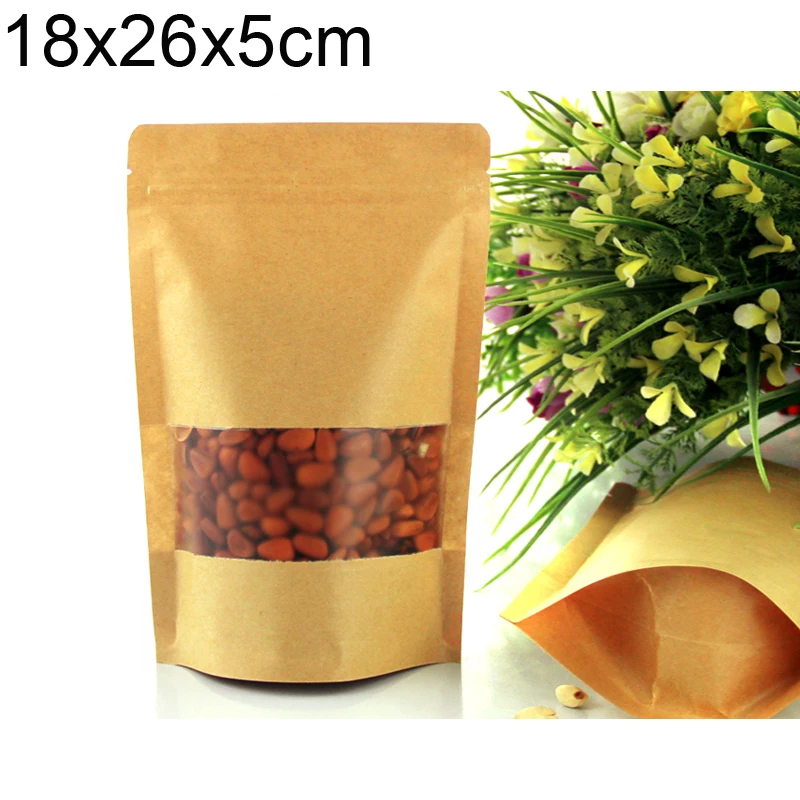 Stand up Kraft Paper Bag with Window Kraft Zipper bag/ zip lock Package pouch 18x26x5cm 100pcs ...