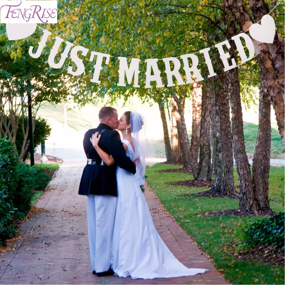 

FENGRISE Just Married Vintage Paper Banner With 3M Ribbon White Wedding Garland Bunting Romantic Wedding Decoration