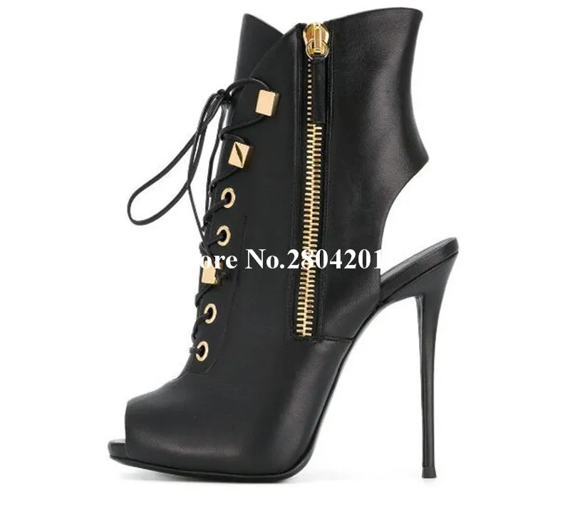 

2018 Latest Short Boots Peep Toe Metal Decoration Slingback Platform Stiletto Heels Cross-tied Zipper Ankle Booties Shoes Women