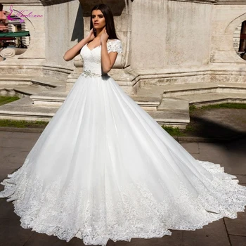 

Waulizane Sweetheart Neckline Of A Line Wedding Dress With Beading On Waist Puffy Skirt Buttons Bride Dress