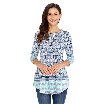 

European Will Code Suit Printing Round Neck Fold Design Seven Part Sleeve Long Fund Women's T Pity 250370