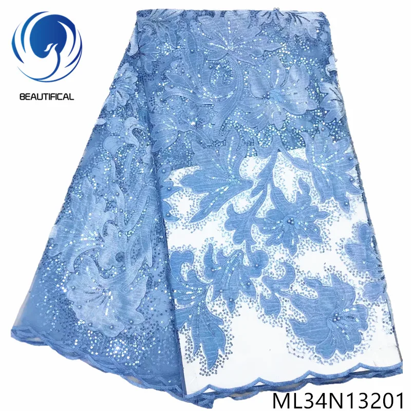 

Beautifical african lace fabrics Top sale embroidery sequins Flannel lace fabrics with beads tulle mesh lace fabric ML34N132