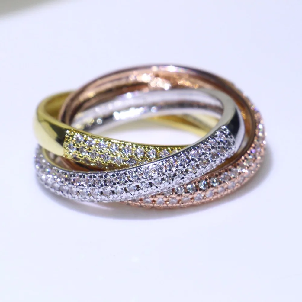 Тройные круги золото/розовое золото/серебро кольцо три цвета роскошные ювелирные изделия 925 серебро Pave CZ Кольцо для женщин Свадебные кольца на палец подарок