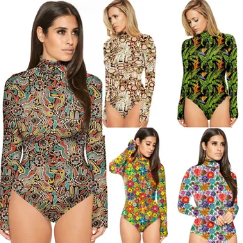

Vintage Printed Bodysuit for Women Sexy Bodycon Skinny Body Suit Top Turtleneck Long Sleeve Playsuit Romper Jumpsuit 2019 Autumn