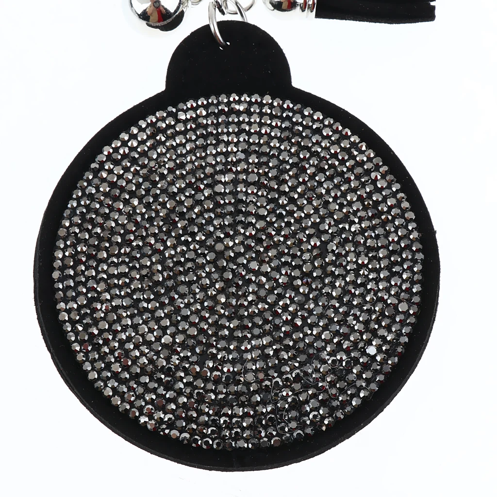 Woman Charm Key Chain Shape Round Crystal Keychain Tassel Mirror Grey