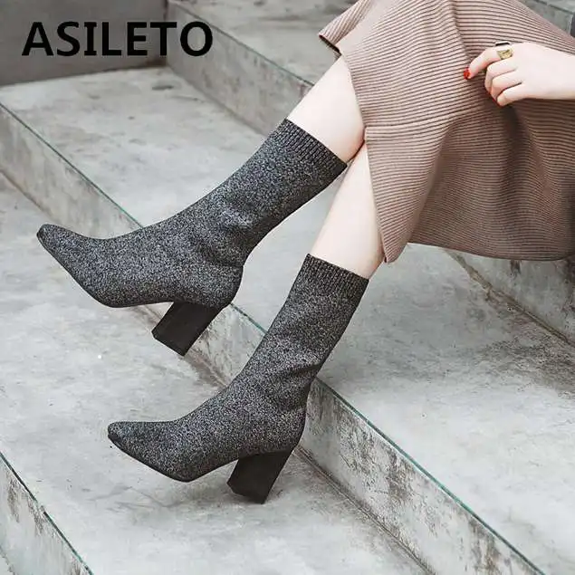 

ASILETO Autumn Winter Knitted Elastic Socks Boots solid high Heels Short Boots Women square Toe stretch Ankle Boots for women