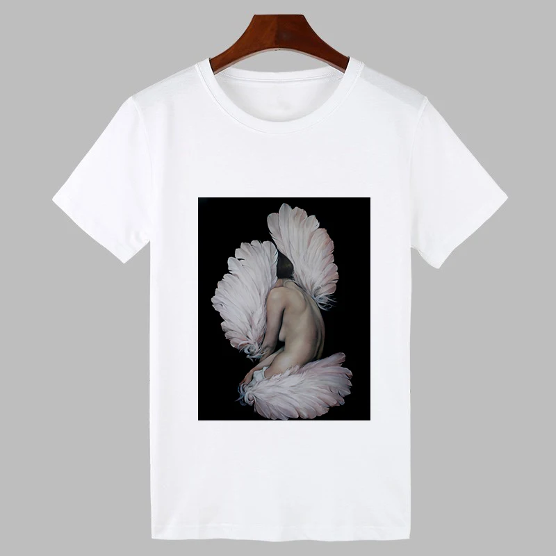 Сексуальная футболка Харадзюку с цветочным принтом и перьями, женская модная футболка с круглым вырезом, футболка с коротким рукавом, белые топы, женская одежда