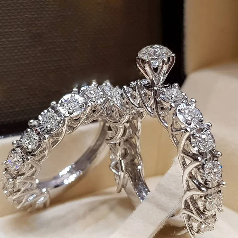 Trendy Crystal Ring Set Wedding Rings Women Geometric Luxury White Bridal Rings Jewelry Ladies Party gifts