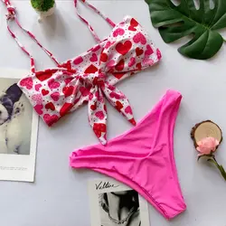 2018 женские милые розовые сердца комплект бикини Регулируемая повязки сплит купальники Купальник для летние пляжные