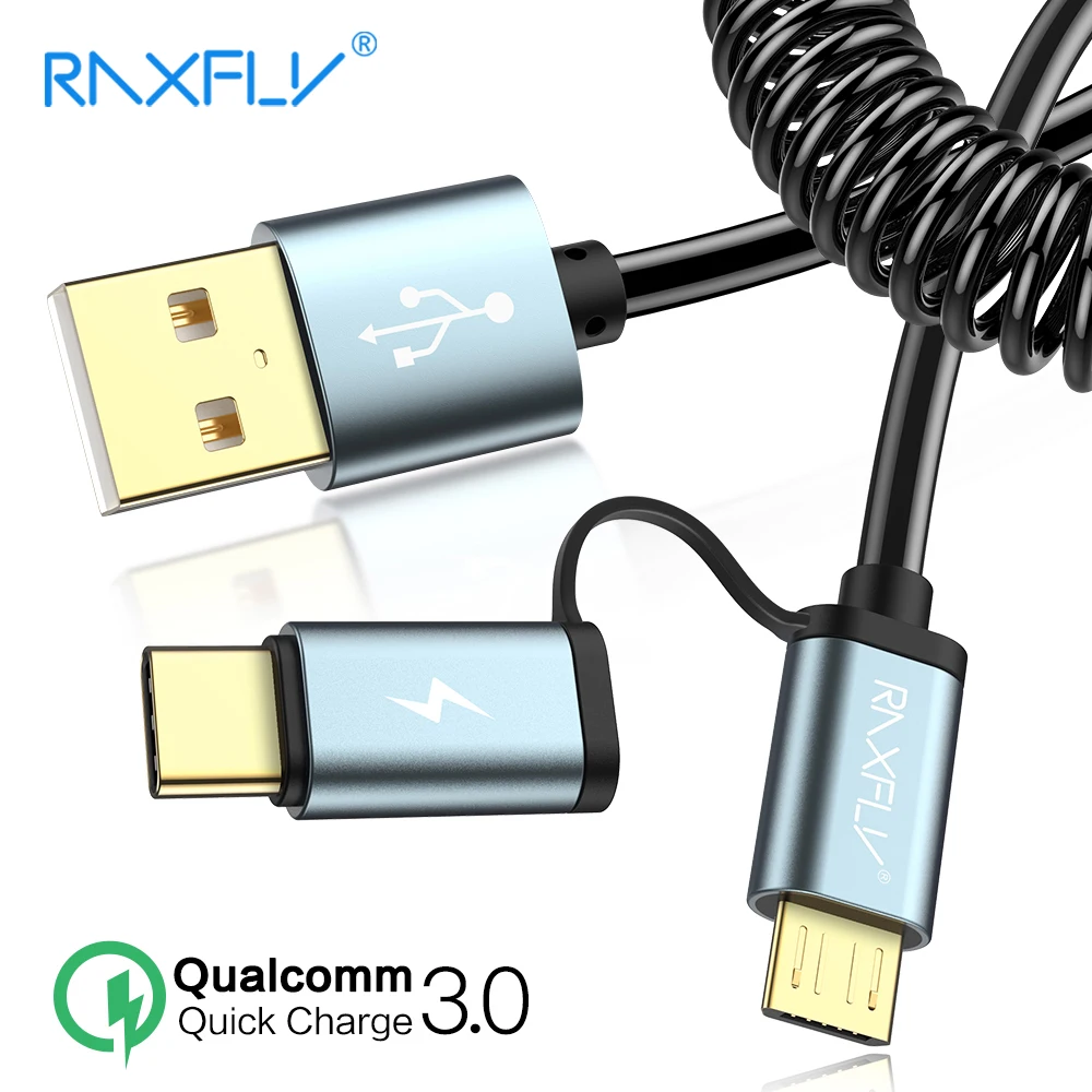 Кабель USB Type C RAXFLY 2 в 1 для Xiaomi Redmi Note 7 быстрая зарядка пружинный зарядный кабель Micro