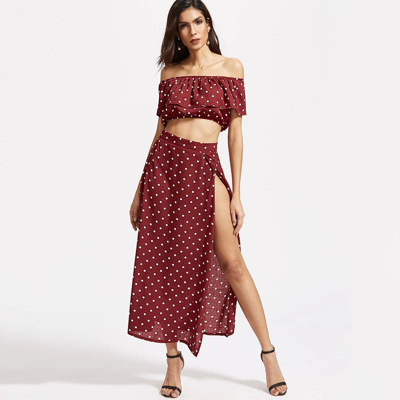 

Women Bohemian Chiffon Side Split Off Shoulder Maxi Dress Ladies Sexy Red Vintage Dot Long Dress Summer Beach Ruffle Club