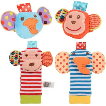 

ThinkMax 2pcs Baby Wrist Rattle and 2pcs Foot Rattles Finder Socks Set, Developmental Soft Animal Rattles Infant Baby Toys - Monkey & Elephant