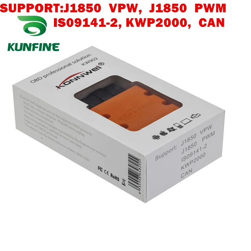 Kunfine kw902 ELM327 Bluetooth 3.0 odb2 II диагностический код сканер чтения Специальный для телефона Android Оконные рамы PC сканирования