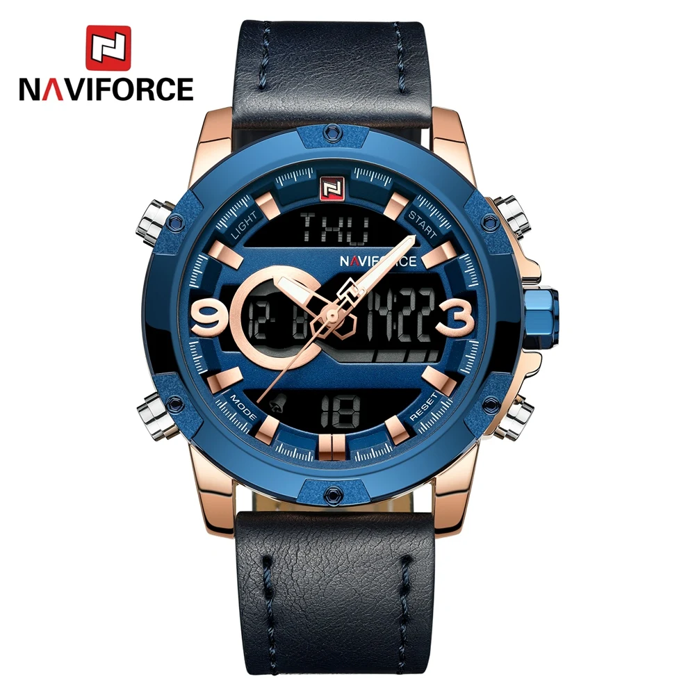 

NAVIFORCE Mens Digital Watches Top Brand Luxury Outdoor LED Watch Blue Leather Japanese Quartz Chronograph Man Wristwatches