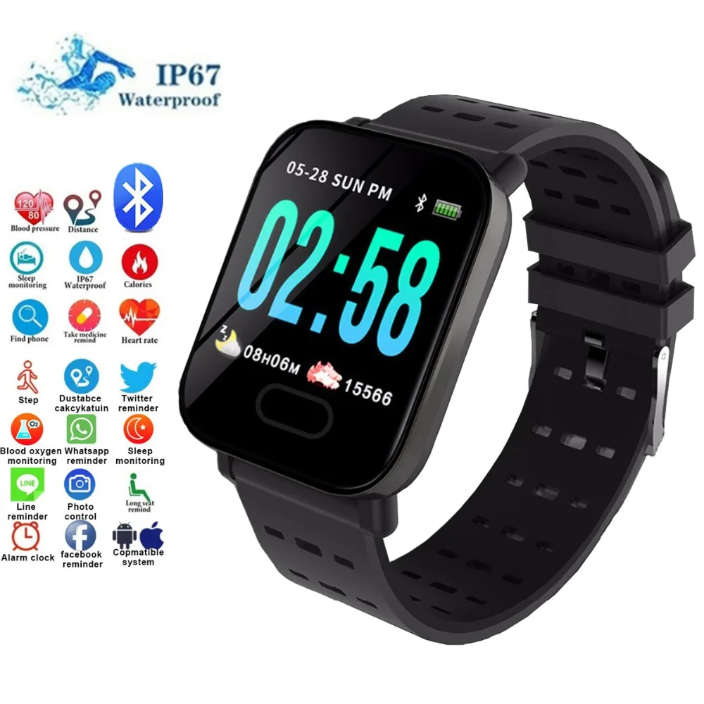 

Bluetooth Smartwatch Color Square Screen Heart Rate Blood Pressure Monitor Waterproof Sports Smart Watch Men For IOS Android