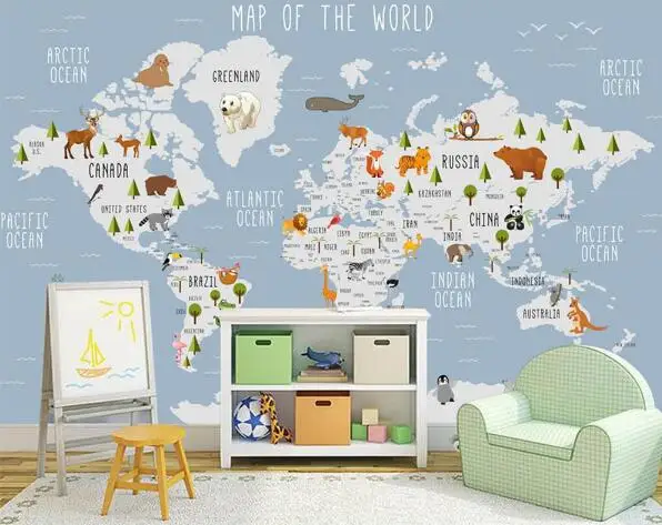 Пользовательские обои мультфильм карта мира ТВ фон стены гостиная спальня детская комната фон 3d обои фрески