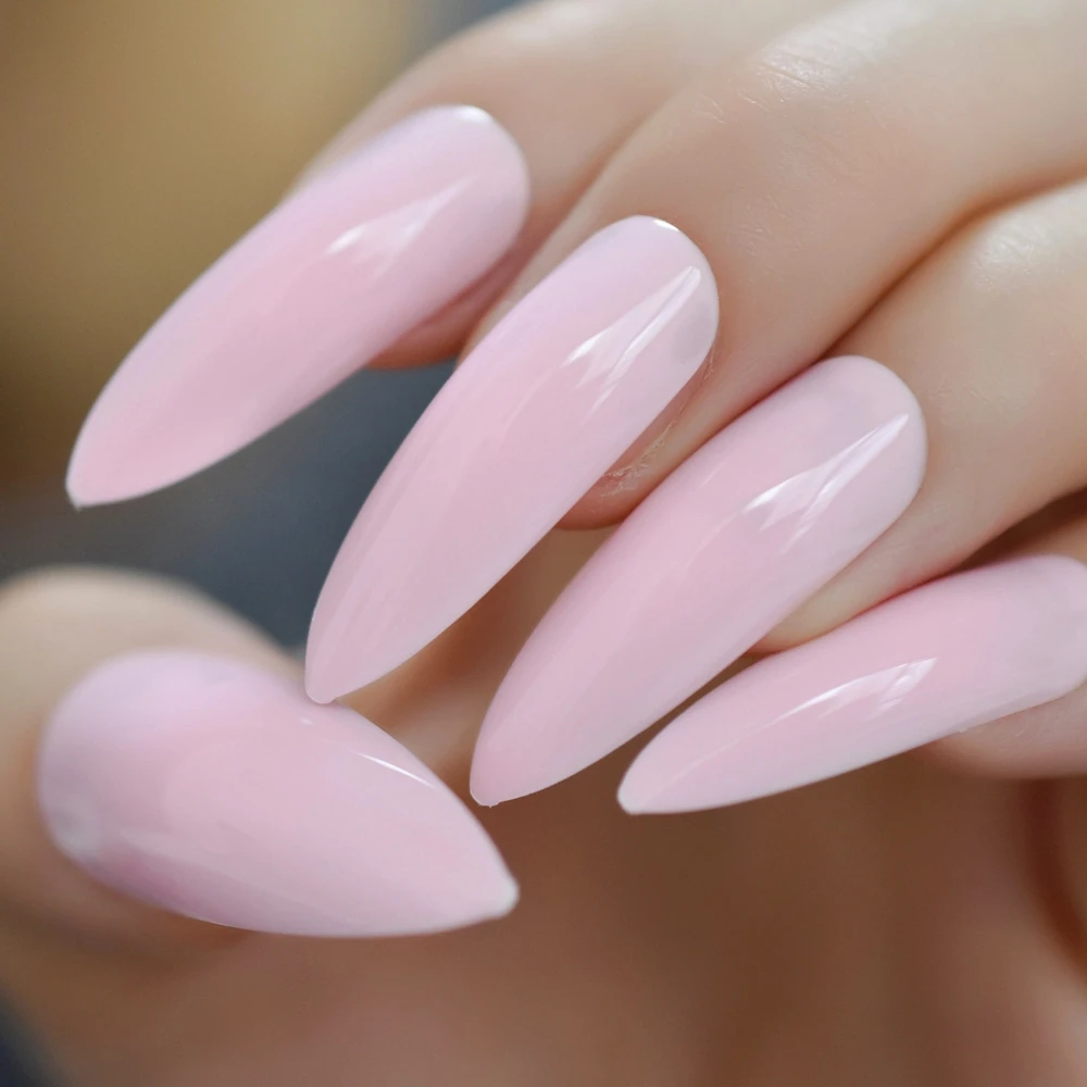 

Light Pink Party Fake Nails Extra Long Faux Nails Thin UV GEL Stiletto Extremely Solid Color Nail Tips with Glue Sticker
