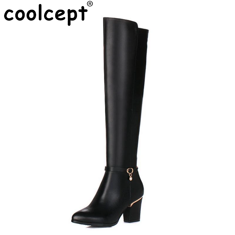 Women Genuine Real Leather Over The Knee Boots Winter Boots Sexy Square Heel Fashion Pointed Toe Women Boots Shoes Size 34-39 fashion slim rivets thick heel pointed toe zip winter snow boots genuine leather stretch fabric over the knee boots women boots