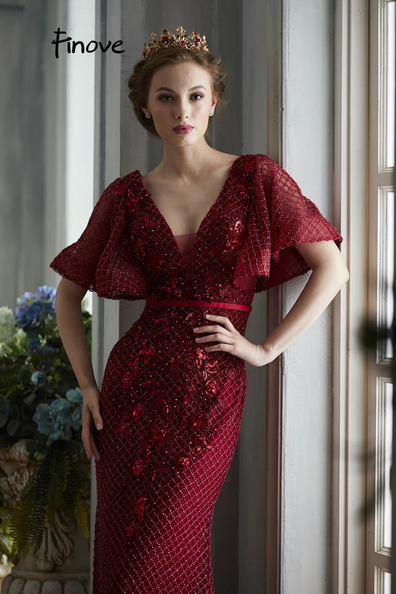 Finove дизайн вечернее платье длинной длиной в Пол, бордовое сексуальное женское платье с глубоким v-образным вырезом без спинки с вышивкой размера плюс