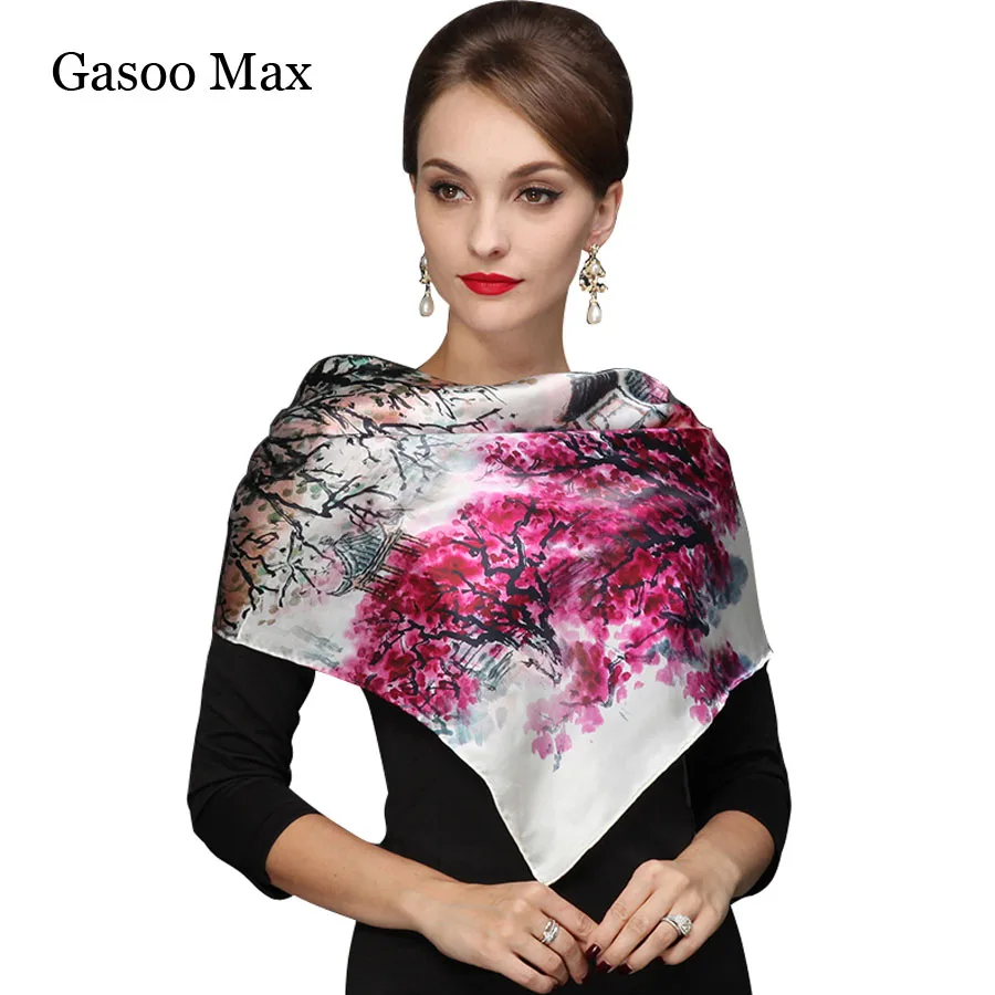 

Spring Summer high quality 100% Real Silk Satin Scarf Shawl Wrap Women Female Fashion Big Square Flower Pattern Scarves 110CM