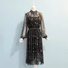 PERHAPS U Gray Beige Navy Star Moon Embroidery Mesh Long Sleeve Stand Collar Midi Elegant Sweet Party Loose Dress Runway D0201 ► Photo 3/6