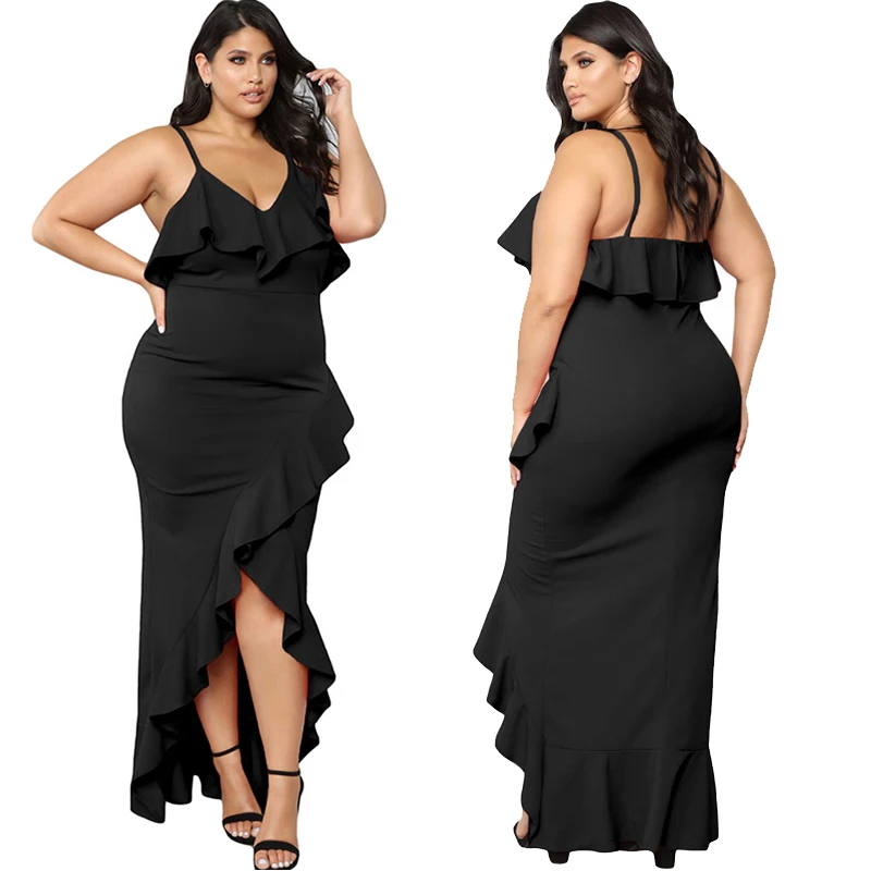 

Womens Sexy Sling V Neck Plus Size Prom Long Dresses High Low Asymmetrical Hem Sheath Ruffled Wrap Backless Dress 2019 XL-5XL