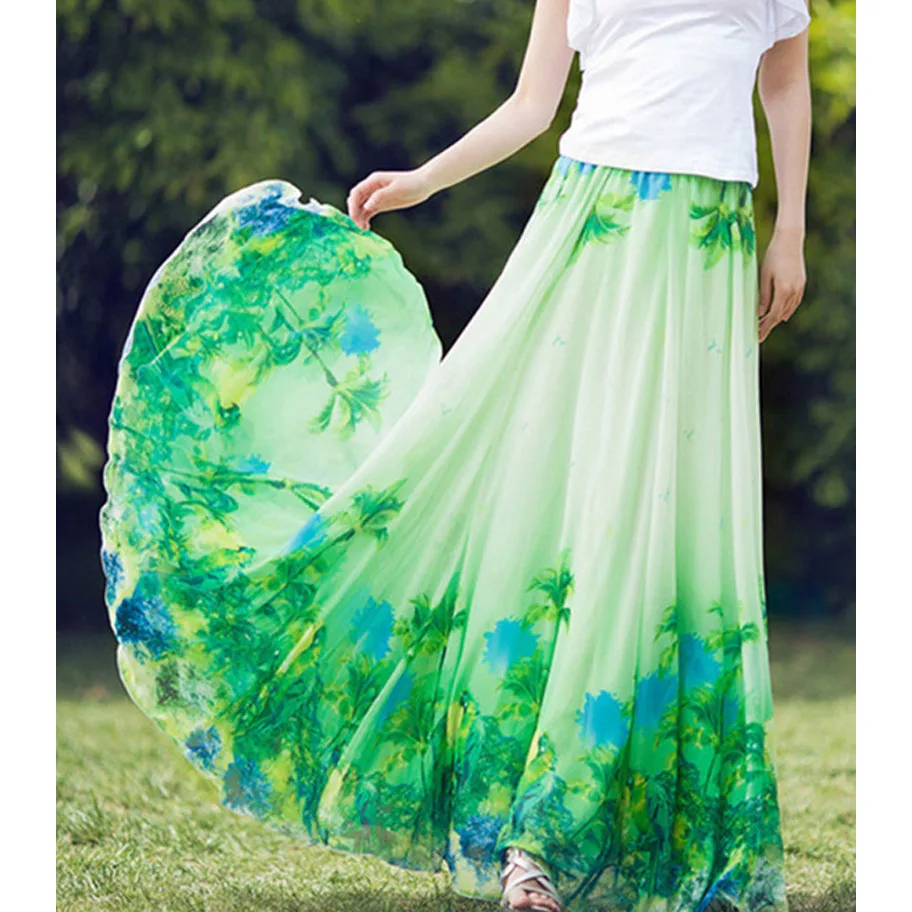 Летняя мода размера плюс, Повседневная шифоновая черная Цветочная длинная юбка с высокой талией в пол/Длинная женская юбка с цветком - Цвет: Армейский зеленый