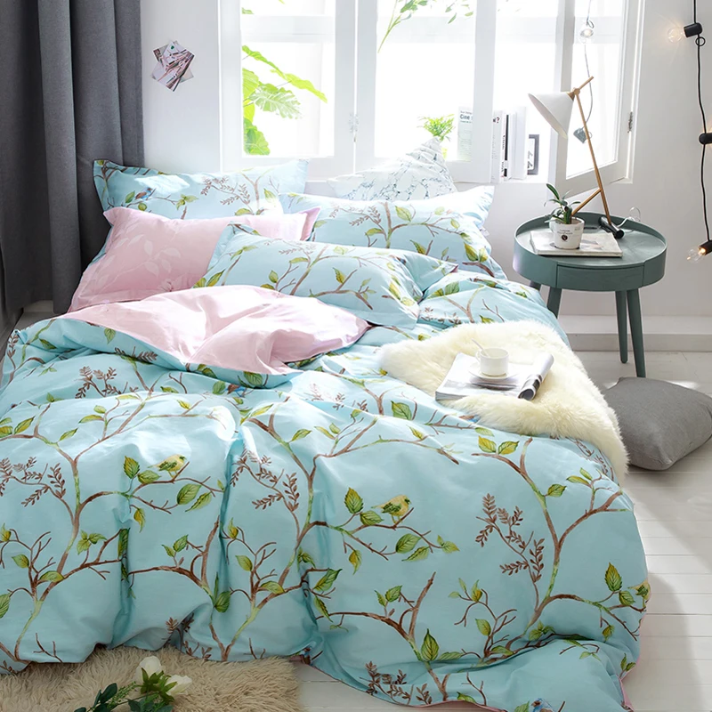 

Simple style bedding set Leaves on the branch print cotton fabric 4pcs Queen Size duvet cover flat sheet pillowcase