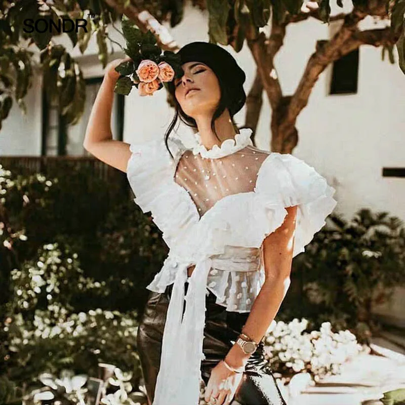 

SONDR Polka Dot Chiffon Blouse Crop Tops Female Ruffled Collar Patchwork Lace Bandage Women's Blouses 2019 Summer Fashion