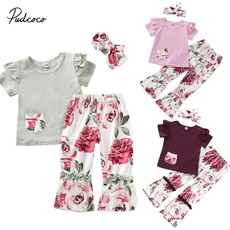 

2019 Brand 3Pcs Toddler Baby Kids Girls Cute Flower Pocket Tops Shirt Wide Leg Long Pants Outfits Clothes Casual Children Set
