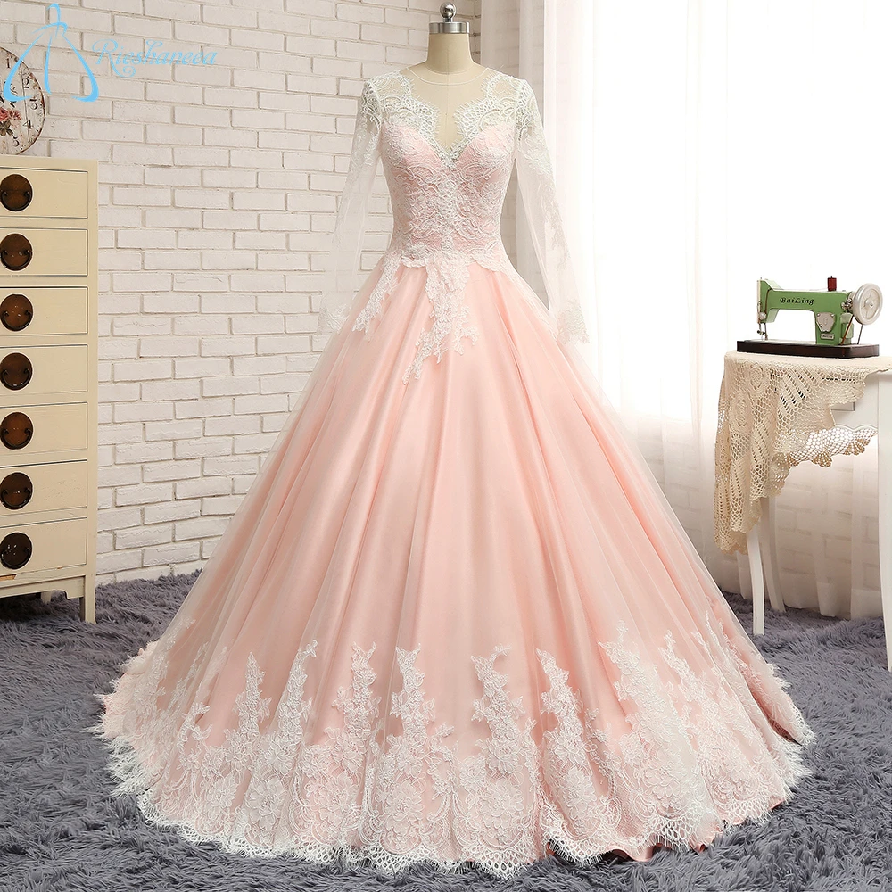 2017 Real Photo Pink Wedding Dress Long Sleeve Court Train V Neck Covered Button Lace Appliques