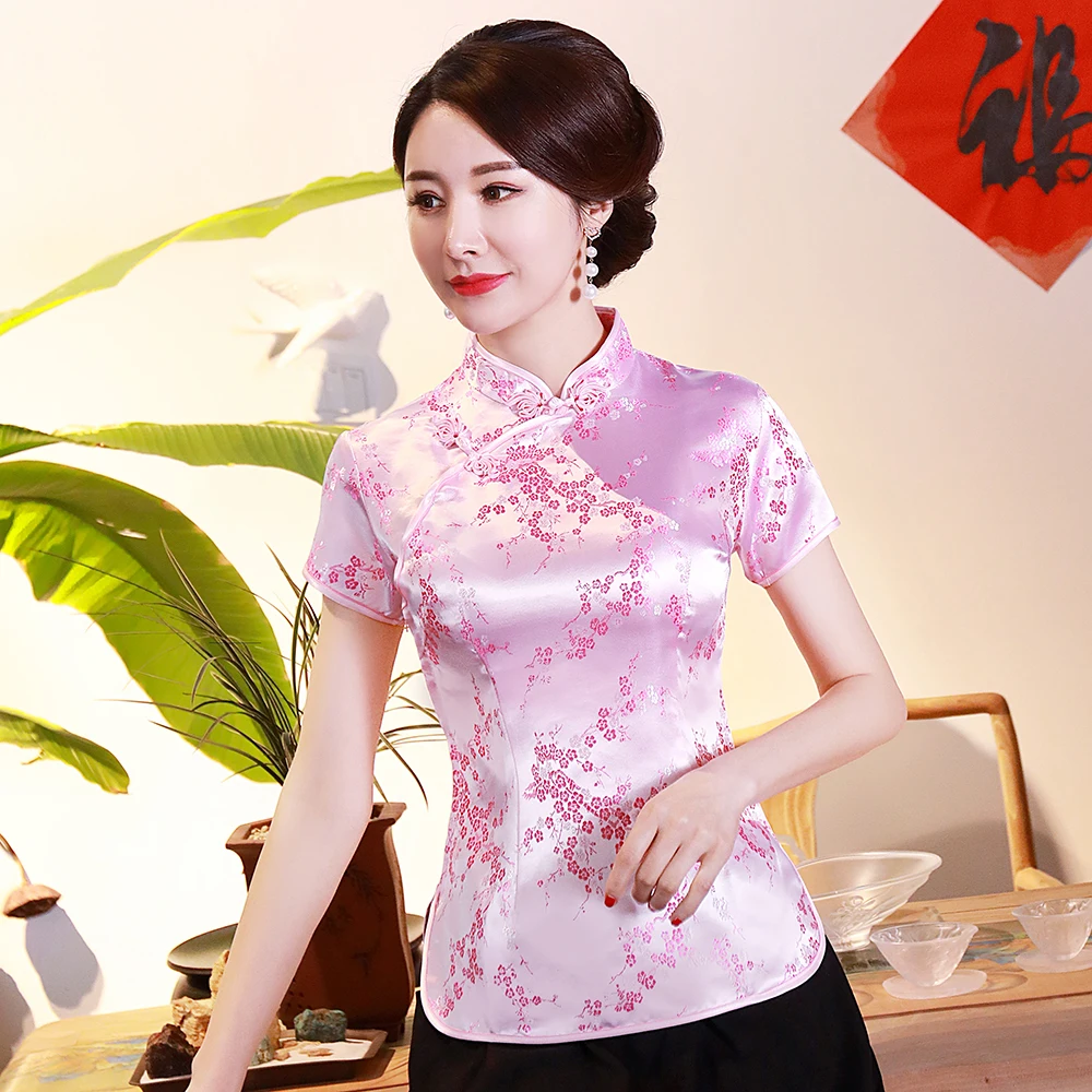 new woman traditional chinese clothing top retro flower print hanfu top women tops elegant oriental tang suit chinese blouse Oriental Style Ladies Traditional Shirt Summer New Flower Rayon Chinese Blouse BIG SIZE 3XL 4XL Pink Elegant Tops Tang Clothes