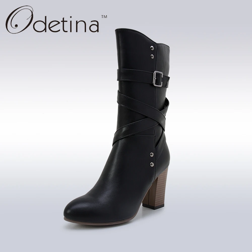 

Odetina Black Motorcycle Boots High Heels Large Size Sexy Mid Calf Boots Ladies Pu Leather Boots 2016 Winter Women Booties Shoes