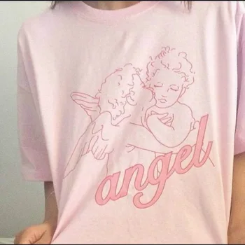 

Fashion Kawaii Angel Printed Women t shirts 2018 Summer Loose Short Sleeved Casual Clothing Pink Cotton Top Tees Vogue t Shirts