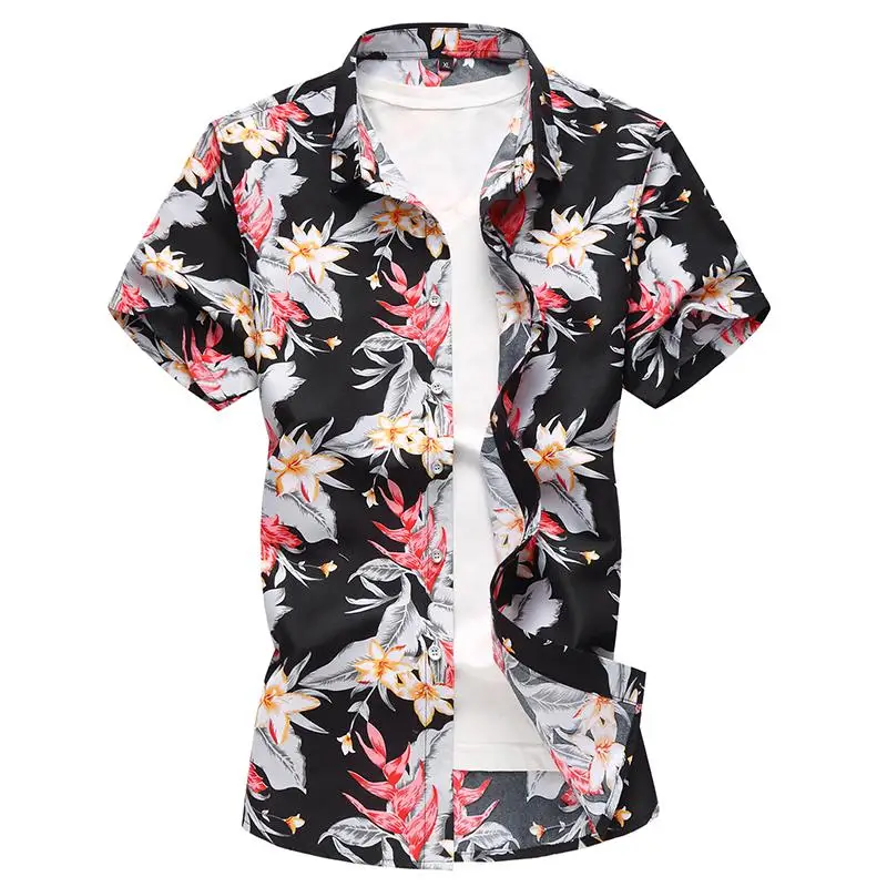 

Men's Shirt Dress Short sleeve Hawaiian Shirts Male Blouse Men Floral Fashion Black Blue New