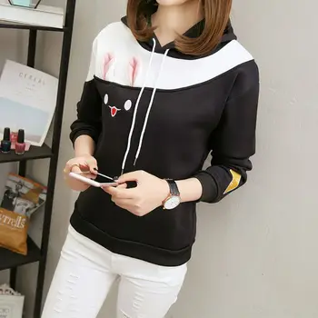 

Casual Patchwork Hooded Tops Women Rabbit Embroidered Hoodies Warm Long Sleeve Pullovers