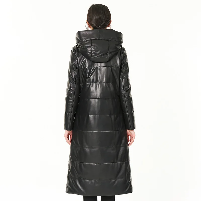 Дизайнерская брендовая роскошная женская куртка из натуральной кожи, Женская приталенная куртка с капюшоном, верхняя одежда, новое зимнее теплое длинное пальто размера плюс 4XL