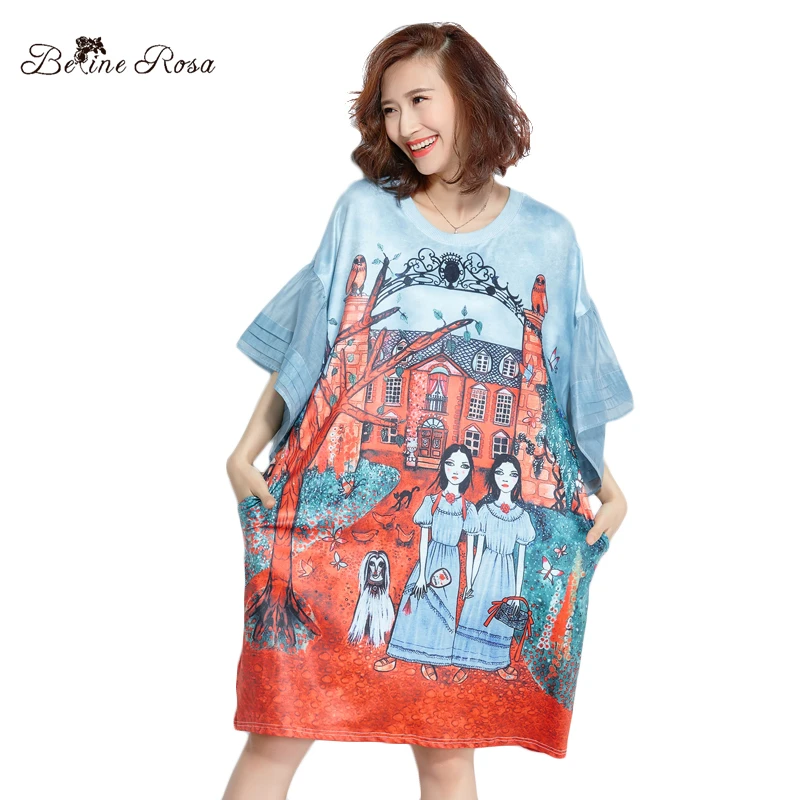 

BelineRosa 2018 Women's Fashion Dress Flare Sleeve European Style Printing Short Sleeve Summer Tunic Women Clothing TYW00815